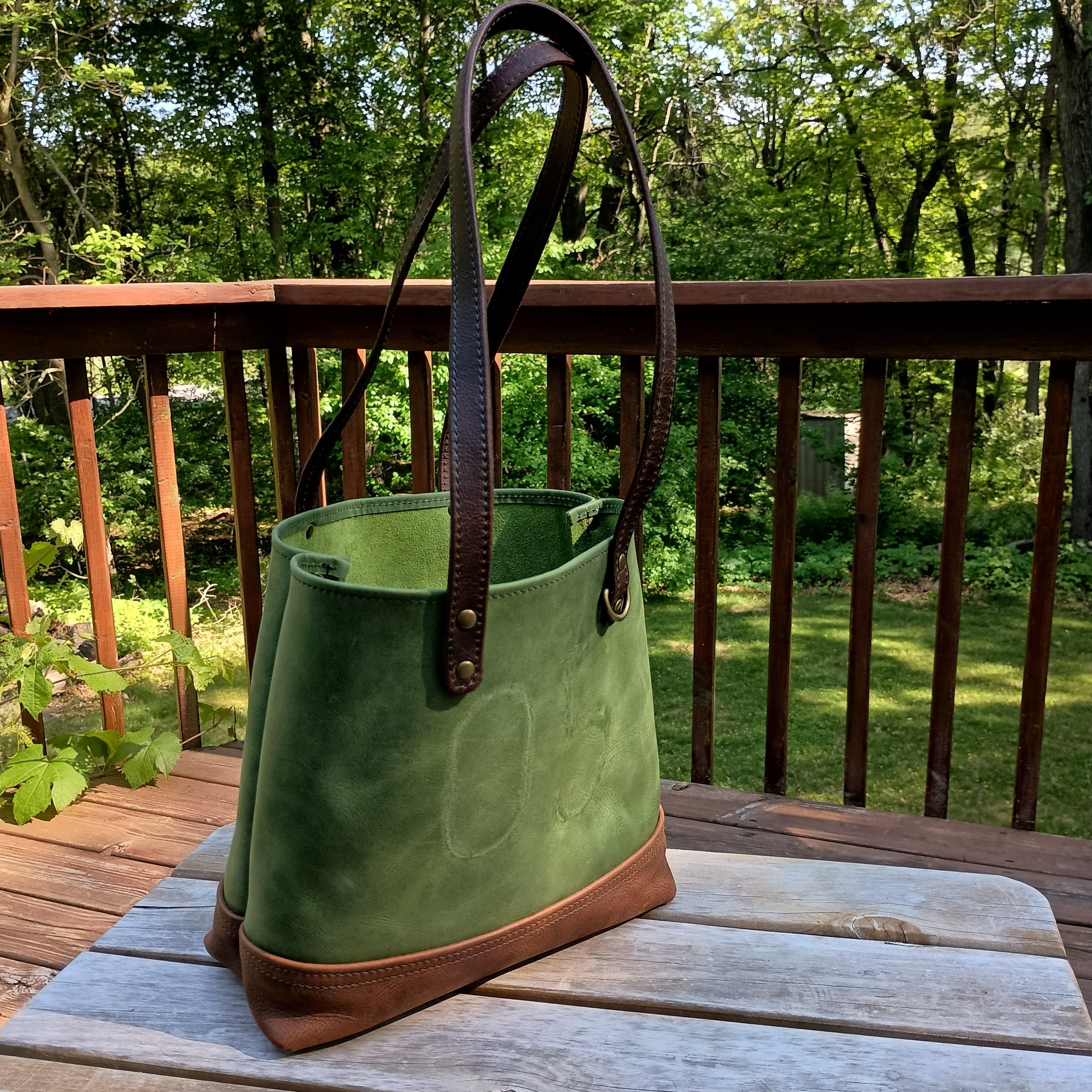 Green and brown tote bag — custom leather by Wyatt Custom