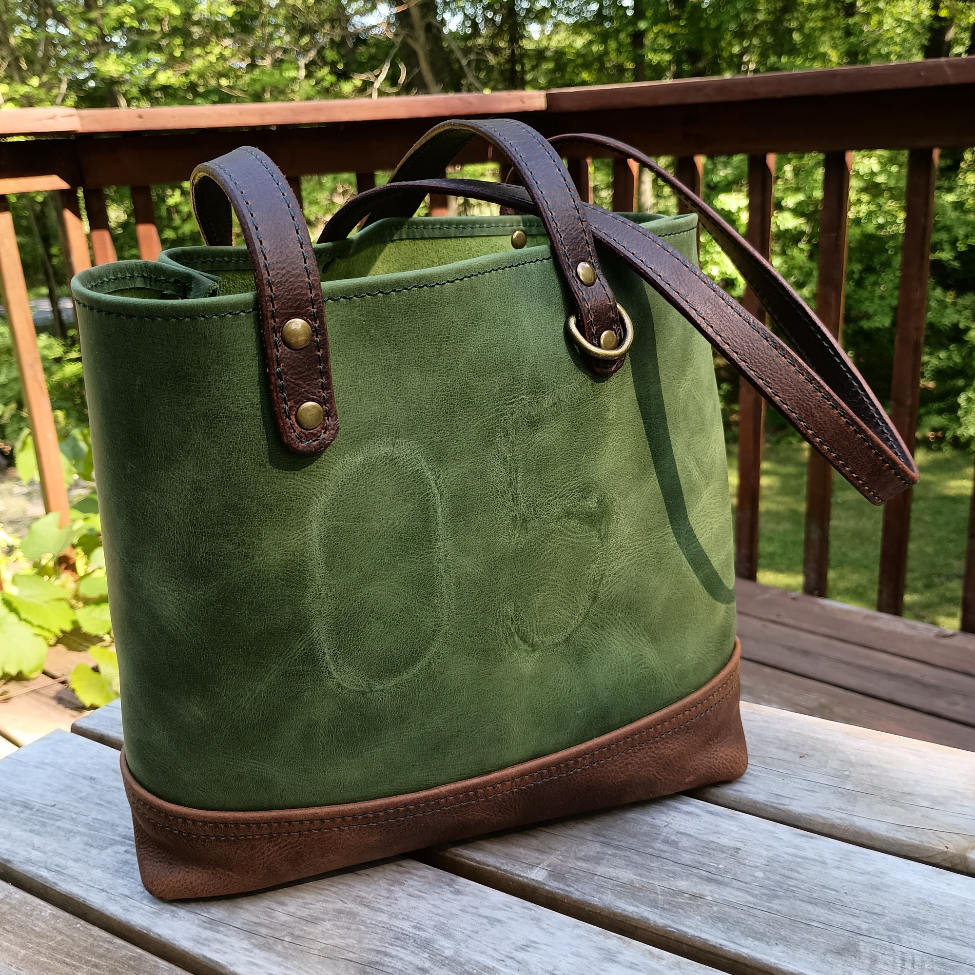 Green and brown tote bag — custom leather by Wyatt Custom
