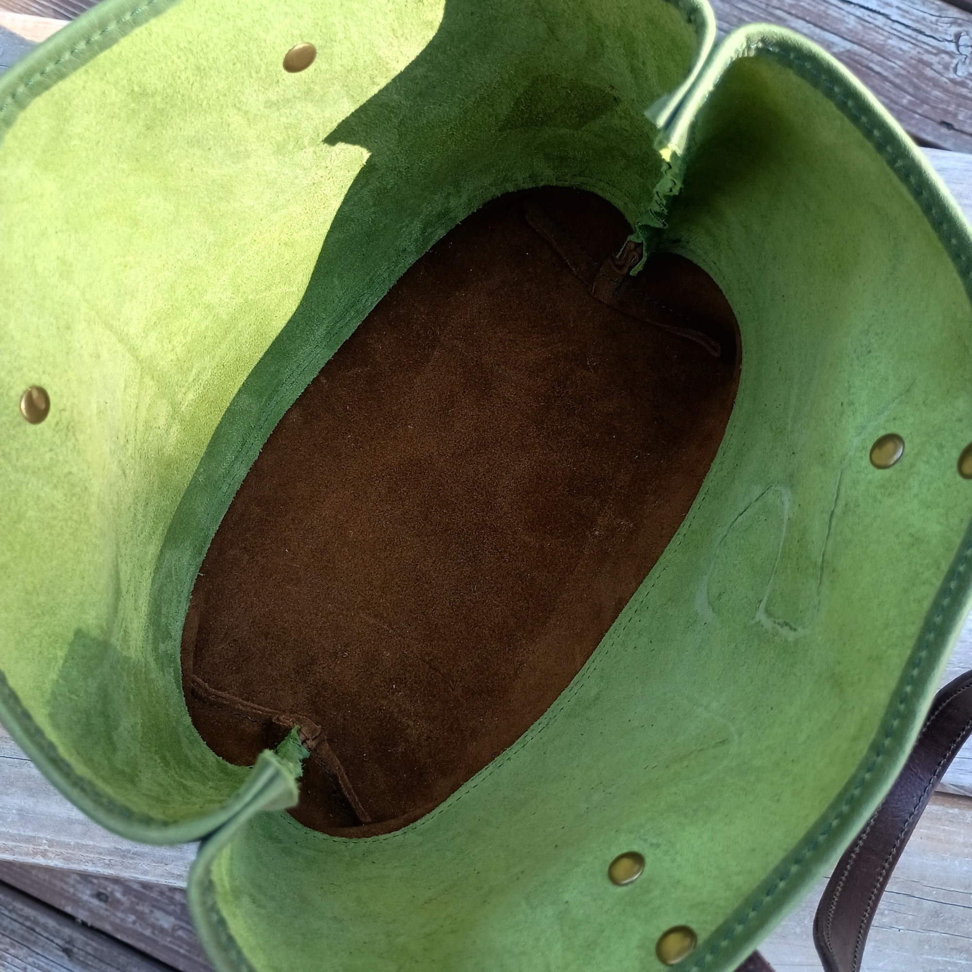 Green and brown tote bag — custom leather by Wyatt Custom